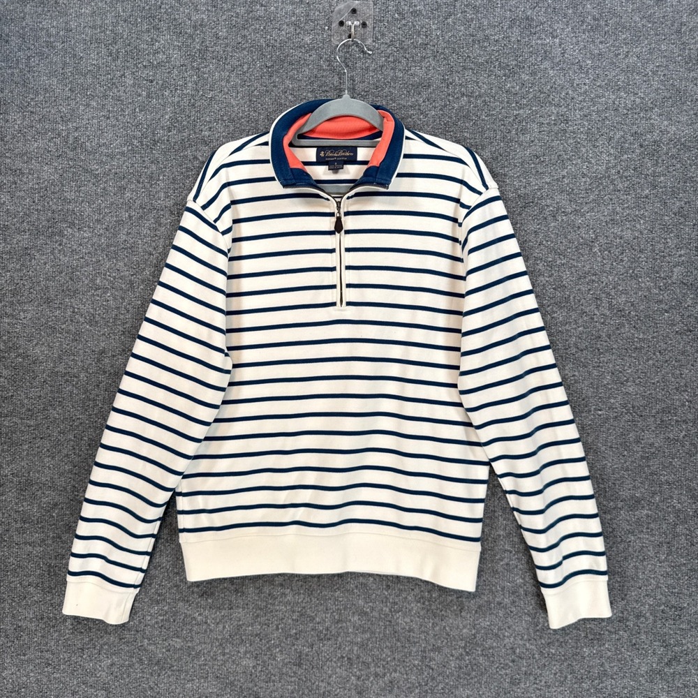 Brooks Brothers Sweatshirt Mens Small White Blue Striped Supima Cotton 1/4 Zip